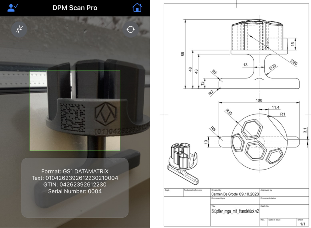 On the left: a screenshot from the DPM Scan Pro App scanning a part, on the right: the scanned parts technical drawing