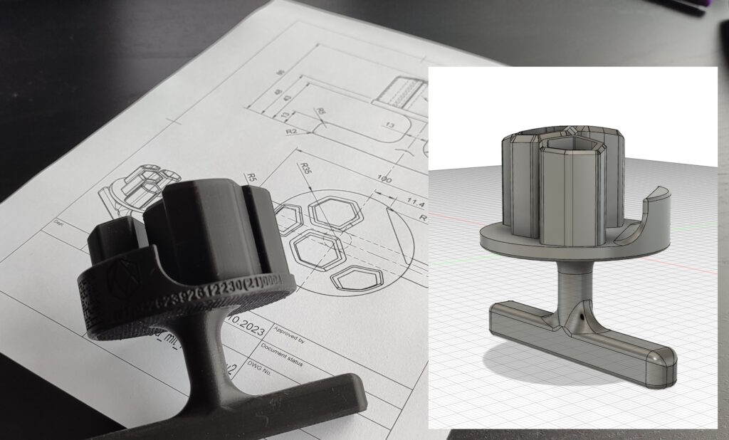 A part with its technical drawing and in another window: the part's 3d modell